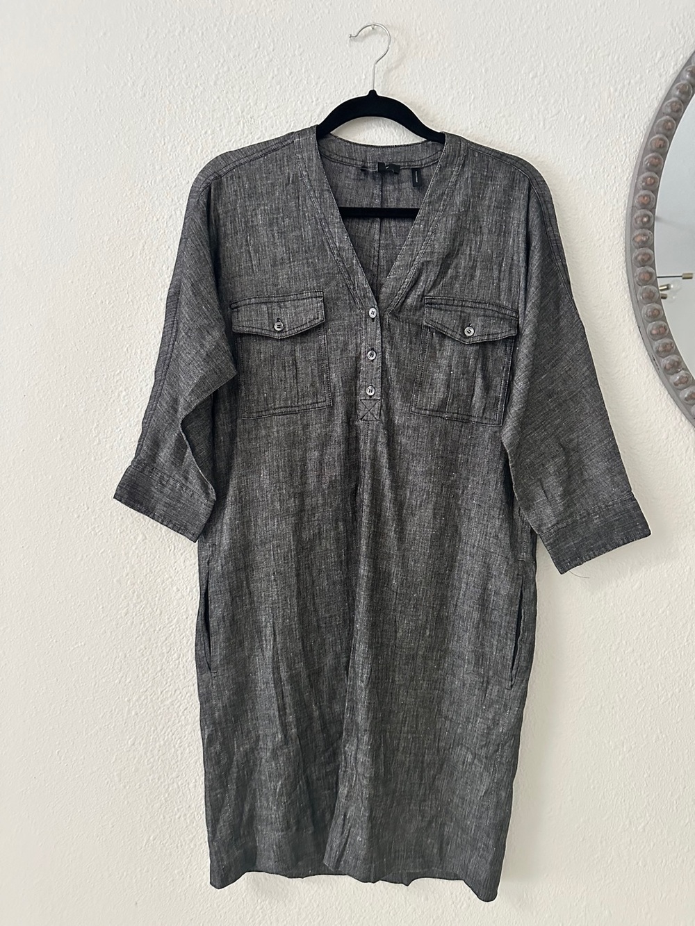 Theory Grey Button-Front Linen Tunic Shirtdress